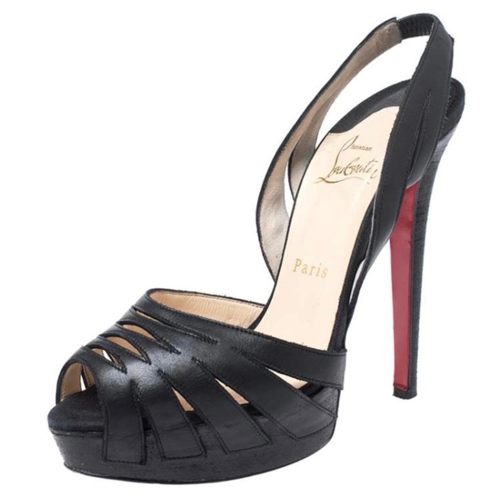 Christian Louboutin Black Leather Slingback Platform Heels Red Bottom 37.5